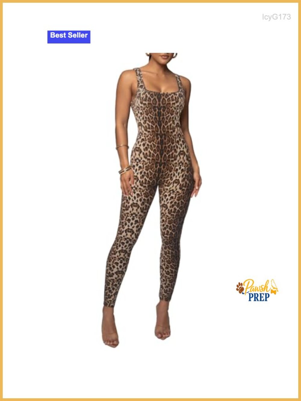 Leopard Print Sleeveless Bodycon Jumpsuit for Women Square Neck Stretchy Romper